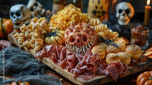 Spooky Halloween charcuterie board with skull, spiders, and pumpkins. photo