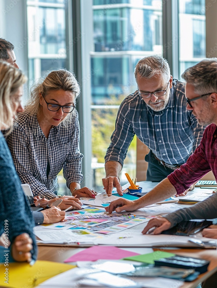 Fototapeta premium A varied team of experts engages in a collaborative workshop, highlighting the journey of skill accreditation through teamwork.