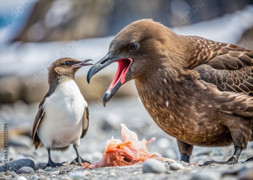 Fierce brown skua seizes and devours helpless Adelie penguin chick on barren Antarctic terrain, showcasing brutal yet natural predator-prey interaction in harsh ecosystem. photo