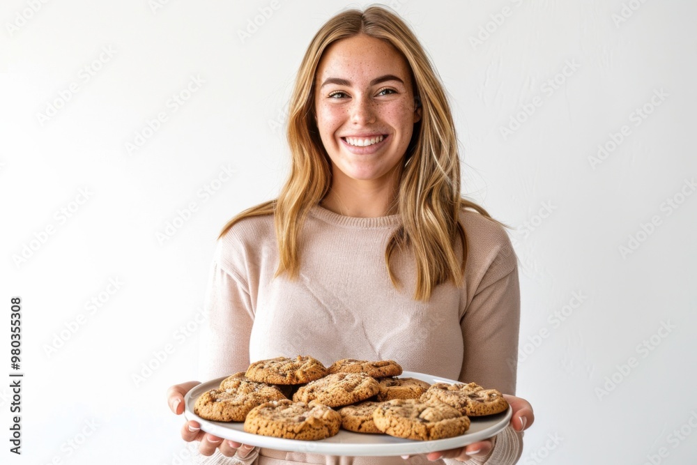 Serene woman smiling with tray of freshly baked goods Serene woman smiling with tray of freshly baked goods