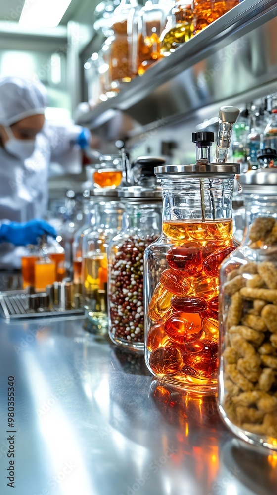 A variety of jars filled with colorful liquids and ingredients, showcasing a vibrant workspace in a modern culinary environment. A variety of jars filled with colorful liquids and ingredients, showcasing a vibrant workspace in a modern culinary environment.