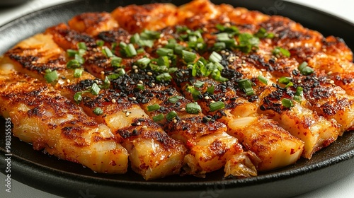 Crispy Kimchi Pancake Topped with Sesame Seeds and Green Onions