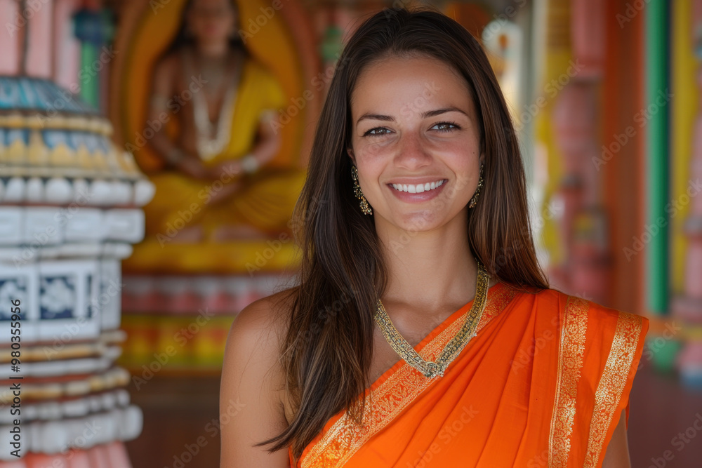 Australian woman wearing saree traditional cloth smile at Hindu temple Australian woman wearing saree traditional cloth smile at Hindu temple