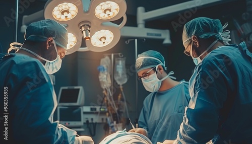 Surgeons performing a complex operation in a hospital operating room photo