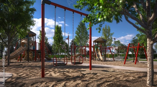 A playground with swings, slides, and climbing structures ready for recess