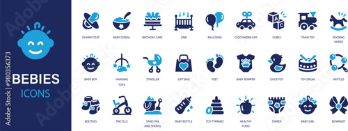 Babies flat icons set. Baby, care, rattles, baby toys icons and more signs. Flat icon collection. 