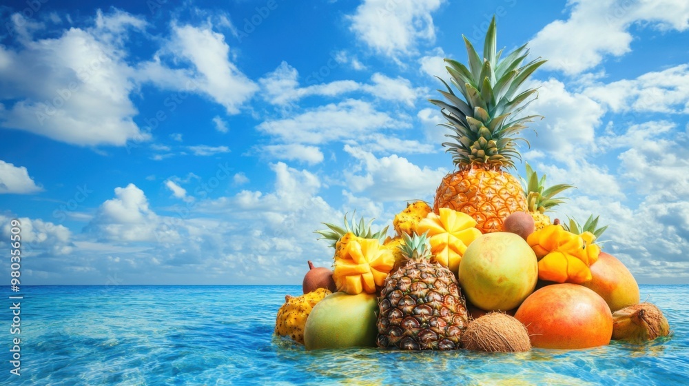 A charming island composed of tropical fruits such as pineapple, coconut, and mango floats in a vibrant azure ocean, rendered in clay with cheerful colors and gentle lighting. A charming island composed of tropical fruits such as pineapple, coconut, and mango floats in a vibrant azure ocean, rendered in clay with cheerful colors and gentle lighting.