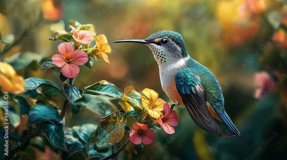 Fototapeta premium A Vivid Hummingbird Perched Amongst Pink and Yellow Flowers