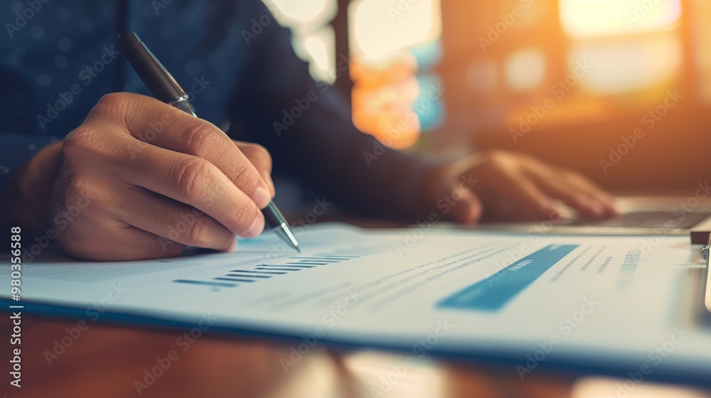 Confident businessman signing a contract, surrounded by financial documents, symbolizing price guarantees and business security. Confident businessman signing a contract, surrounded by financial documents, symbolizing price guarantees and business security.