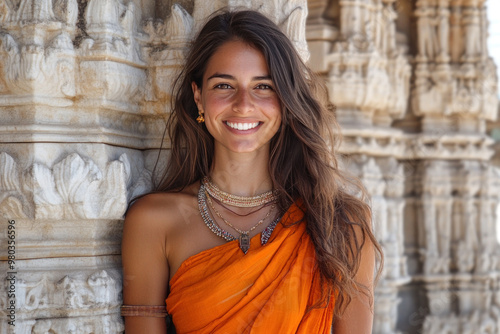 French woman wearing saree traditional cloth smile at Hindu temple