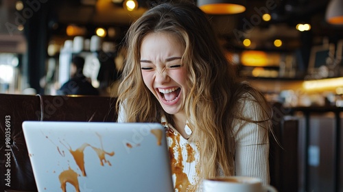 A young woman shares a joyful laugh as her coffee unexpectedly splashes onto her laptop in a warm, inviting caf√©. photo