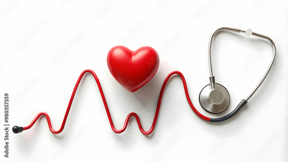 A red heart resting on a curved stethoscope, symbolizing heart health and medical care. A red heart resting on a curved stethoscope, symbolizing heart health and medical care.
