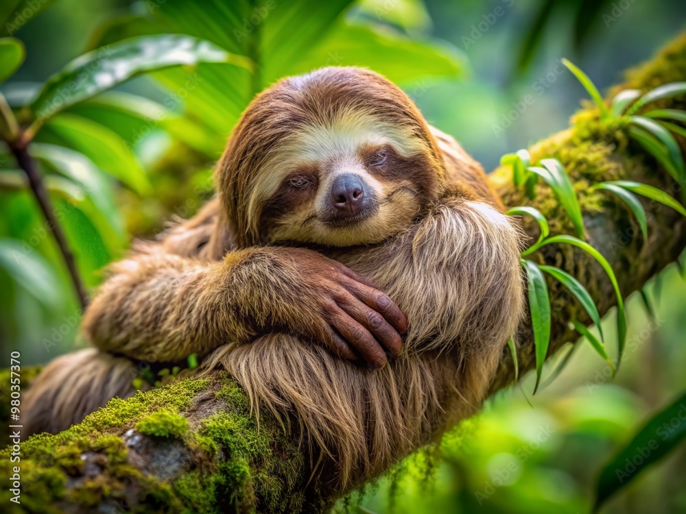 Fototapeta premium Adorable brown sloth snoozes peacefully on a thick tree branch, its soft fur blending with the moss, surrounded by lush green leaves in a serene forest.