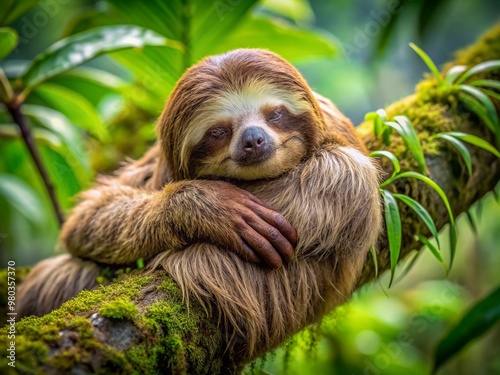 Adorable brown sloth snoozes peacefully on a thick tree branch, its soft fur blending with the moss, surrounded by lush green leaves in a serene forest. photo