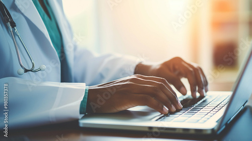 Wallpaper Mural Doctor typing on laptop while wearing stethoscope during work. Torontodigital.ca