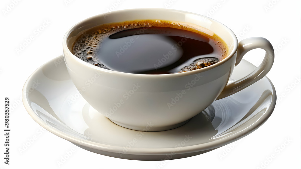 Obraz premium A steaming cup of coffee with a rich crema, served in a classic white ceramic cup on a matching saucer, inviting a moment of relaxation