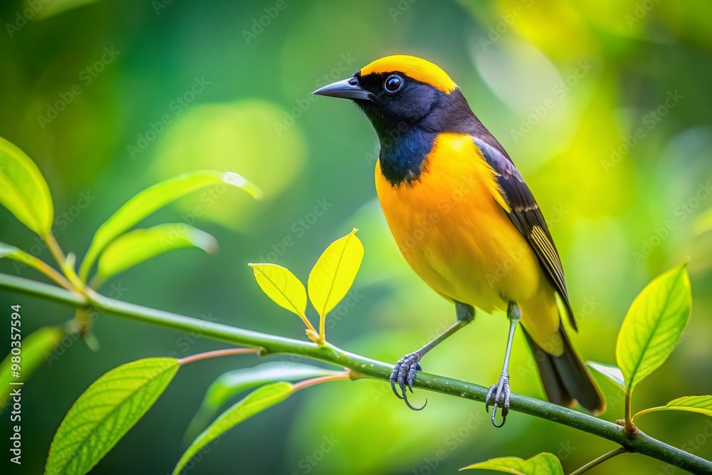 Vibrant yellow and black bird sits poised on a thin branch, surrounded by a soft blur of lush green foliage, with a subtle bokeh effect. Vibrant yellow and black bird sits poised on a thin branch, surrounded by a soft blur of lush green foliage, with a subtle bokeh effect.
