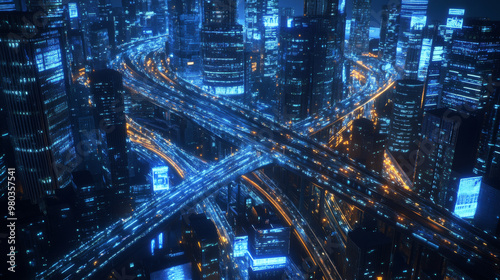 3D rendering of a nighttime freeway in a sprawling mega city with numerous tall skyscrapers. Aerial view from above. Represents next-generation technology, fintech, big data, 5G high-speed network.