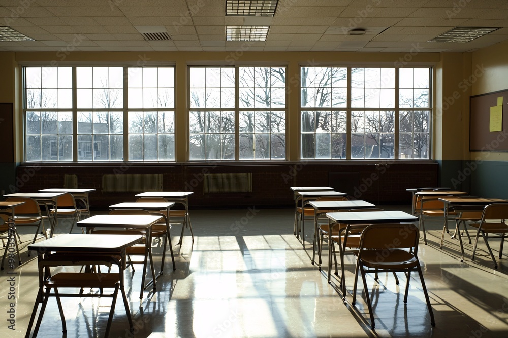 Naklejka premium A vacant classroom bathed in sunlight, where orderly desks reflect the solitude of missing students.