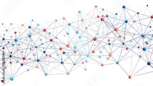 An intricate network of nodes and connecting lines symbolizing connectivity, on white background.