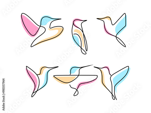 set of line art vector hummingbird icons with beautiful colors, this design is suitable for office and home wall decoration photo