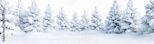 A serene winter landscape featuring snow-covered trees and a tranquil, white, snowy ground that invites peaceful reflection.