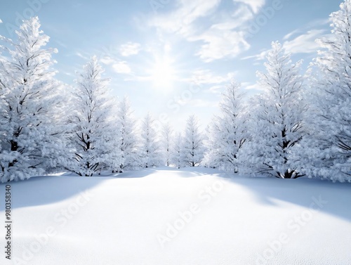 A serene winter landscape featuring snow-covered trees under a bright blue sky, evoking peace and tranquility.