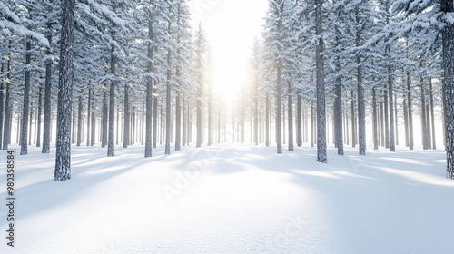 A serene winter landscape with snow-covered trees and soft sunlight filtering through, creating a peaceful, dreamy atmosphere.