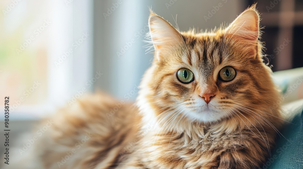 Cozy Maine Coon Cat Gazing Through Window in Peaceful Home Interior Cozy Maine Coon Cat Gazing Through Window in Peaceful Home Interior
