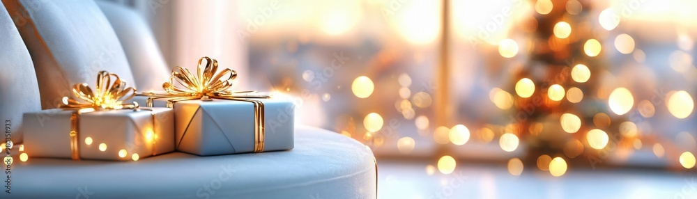 Beautifully wrapped Christmas gifts with golden bows, surrounded by a cozy atmosphere of festive lights and a blurred tree background. Beautifully wrapped Christmas gifts with golden bows, surrounded by a cozy atmosphere of festive lights and a blurred tree background.