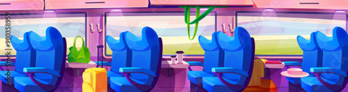Inside train interior with window and chair vector. Passenger seat with table in railway transport cartoon illustration. Public express vehicle wagon indoor aisle and bag luggage journey concept.