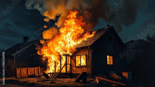 A darkened suburban residential structure engulfed in flames, smoke billowing into the night sky, windows shattered,