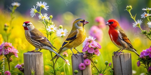 Vibrant Eurasian Siskin, Common Linnet, and European Goldfinch perched on a rustic wooden fence amidst lush green foliage and colorful wildflowers on a sunny day. photo