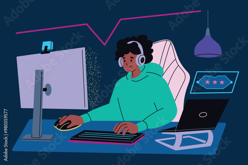 Vector illustration of girl gamer with headset playing computer video game with keyboard and mouse, laptop and pc. Flat cartoon style. Streaming, online gaming, esports, and tech setup themes
