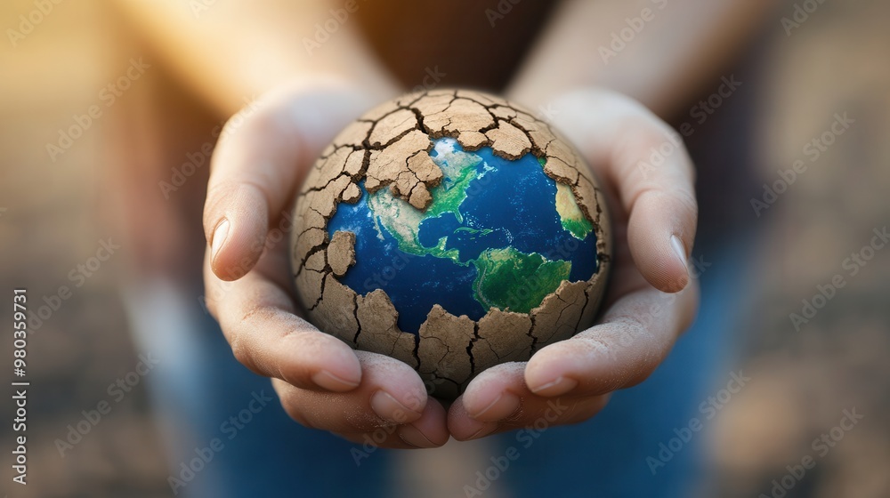 A person holds a cracked earth globe, symbolizing environmental issues and the urgent need for global sustainability. A person holds a cracked earth globe, symbolizing environmental issues and the urgent need for global sustainability.