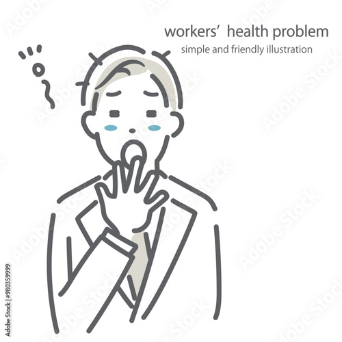 寝不足で疲れているビジネスパーソン　シンプルでお洒落な線画イラスト