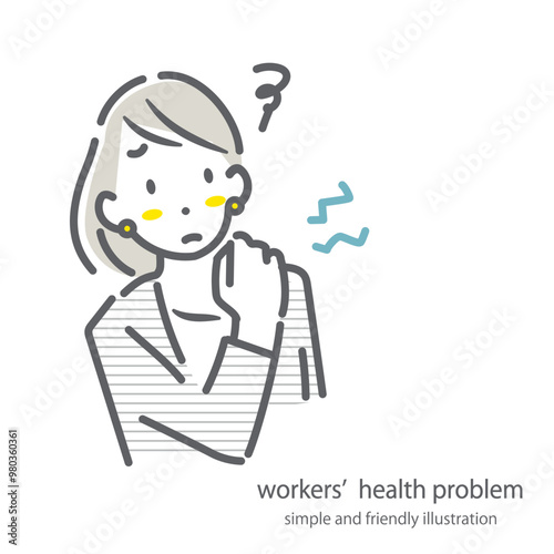 肩こりに悩む会社員の女性　シンプルでお洒落な線画イラスト