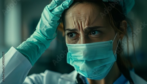 Portrait of a female doctor wearing a mask and gloves looking stressed and overwhelmed photo