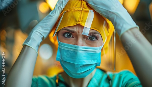 Portrait of a female surgeon wearing a surgical mask and protective face shield looking stressed and overwhelmed photo