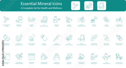 Zinc Supplement, Magnesium Powder Jar, Calcium Tablet, Iron Supplement, Selenium Dropper, Copper Mineral Bar, Potassium Supplement Packet, Silica Skin Cream, Sulfur Face Mask vector icon set