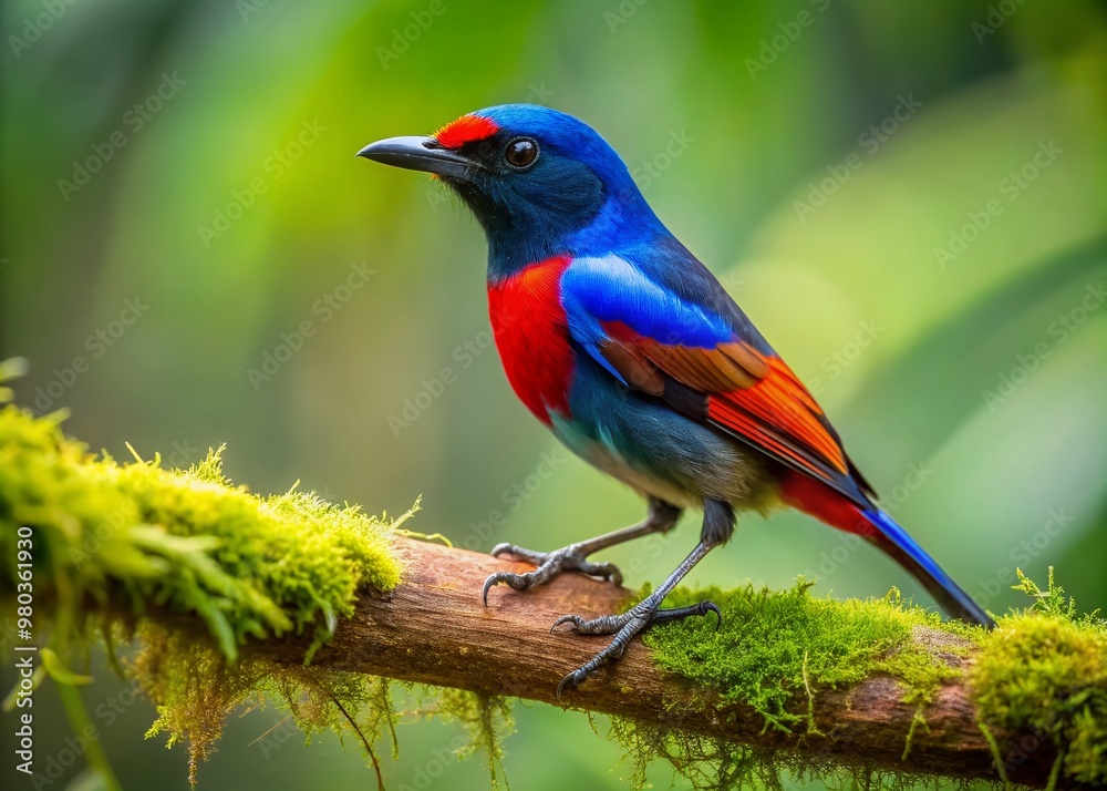 Vibrant Cebu Flowerpecker perches on a moss-covered branch in a lush forest, its iridescent plumage and delicate features showcased in a stunningly detailed natural setting. Vibrant Cebu Flowerpecker perches on a moss-covered branch in a lush forest, its iridescent plumage and delicate features showcased in a stunningly detailed natural setting.