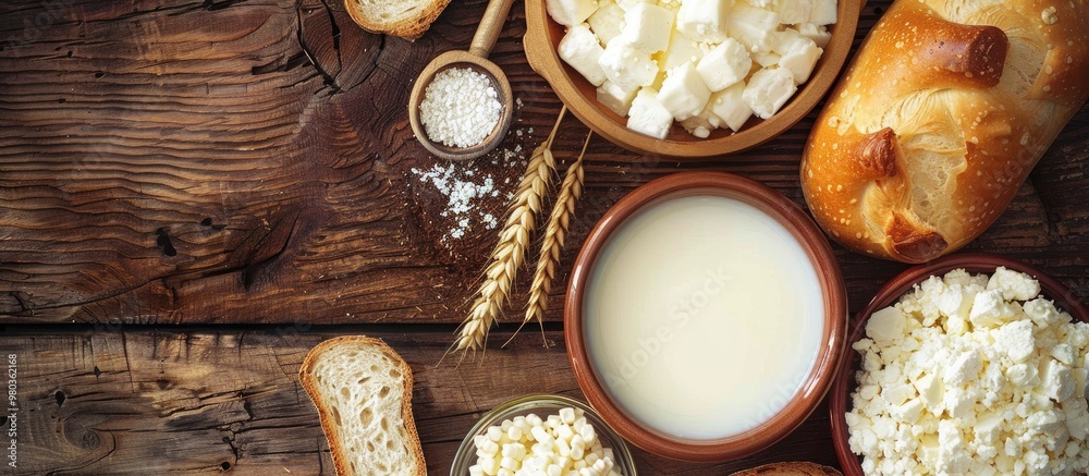Photo Of Dairy Products Over Wooden Table Symbols Of Jewish Holiday Shavuot Photo Of Dairy Products Over Wooden Table Symbols Of Jewish Holiday Shavuot