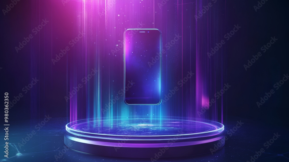 Futuristic holograms and podiums featuring 3D mobile phones. Abstract digital user interface technology with smartphones suspended in mid-air. HUD, GUI futuristic portal, and hologram elements. Futuristic holograms and podiums featuring 3D mobile phones. Abstract digital user interface technology with smartphones suspended in mid-air. HUD, GUI futuristic portal, and hologram elements.