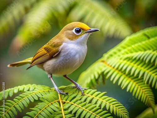 Small, cryptic bird with brown back, whitish underparts, and distinctive white eye ring perches on fern frond in lush, verdant forest undergrowth habitat. photo