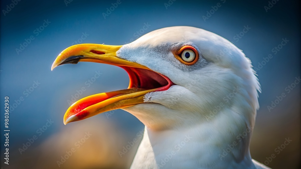 Obraz premium Close-up of a seagull's open beak, showcasing its vibrant yellow interior, is perfectly isolated on a transparent background, highlighting its textured plumage details.