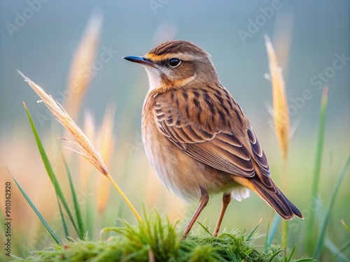 Small, secretive bird with streaked brown back and buff underside perches on dewy grass, unaware of observer, in misty morning meadow scene. photo