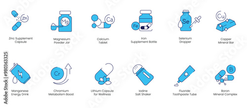 Zinc Supplement Capsule, Magnesium Powder Jar, Calcium Tablet, Iron Supplement, Selenium Serum, Copper Mineral Bar, Manganese Energy Drink, Chromium Metabolism Boost, Lithium Capsule vector icon set