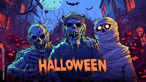 A Halloween invitation banner features whimsical cartoon creatures like a zombie, werewolf, and mummy, beckoning guests to a thrilling costume bash with live tunes and spooky excitement.