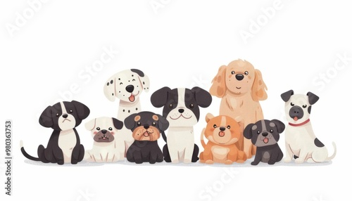 Adorable pack of various purebred puppies sitting in a row photo