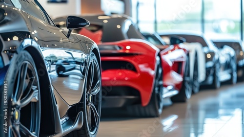 A remarkable lineup of sports cars showcases their powerful lines and shiny finishes, highlighting aerodynamic shapes in a contemporary showroom setting